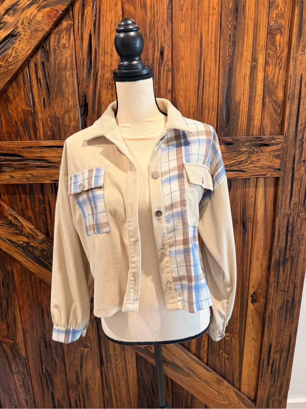 Papaya Beige Corduroy Utility Jacket with Blue Plaid Accents